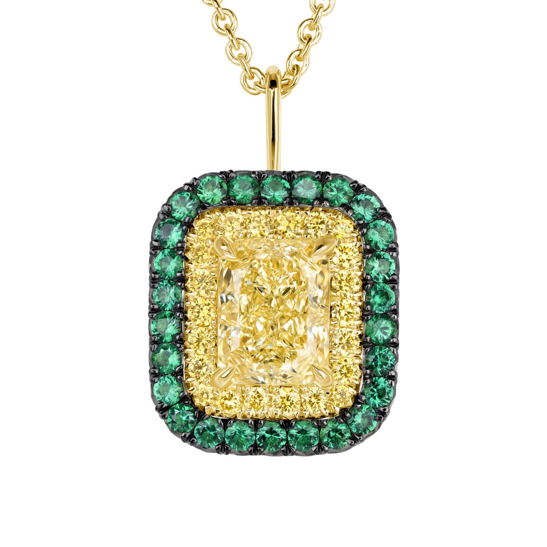 1.50ct Radiant Fancy Light Yellow Diamond & Emerald Necklace