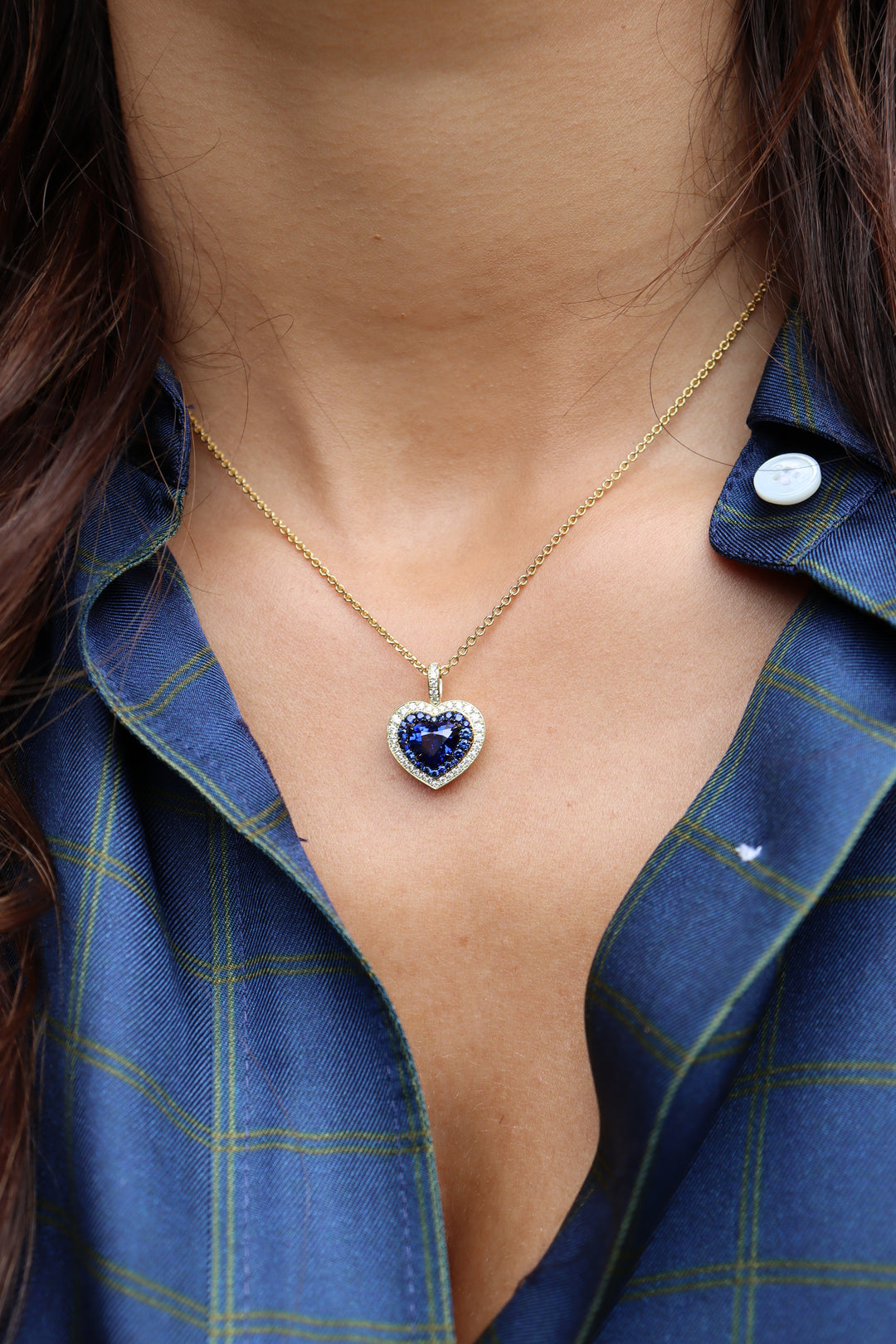 2.18ct Heart Shape Blue Sapphire & Diamond Pendant in 18K Yellow Gold