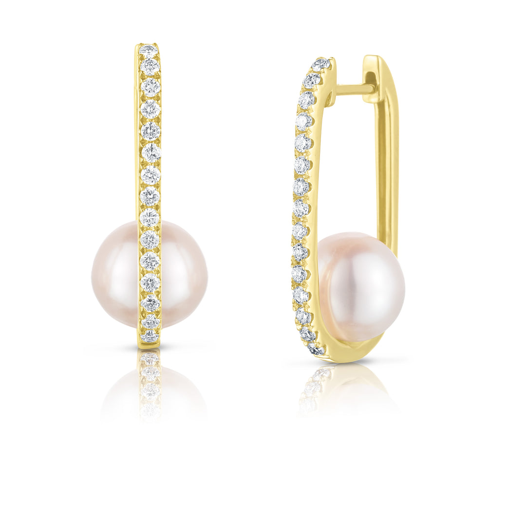 Pearl & Diamond “U” Hoop Earrings in 14K Gold