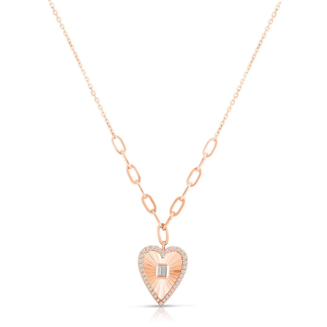 Fluted Gold & Diamond Heart Necklace in 14K Gold