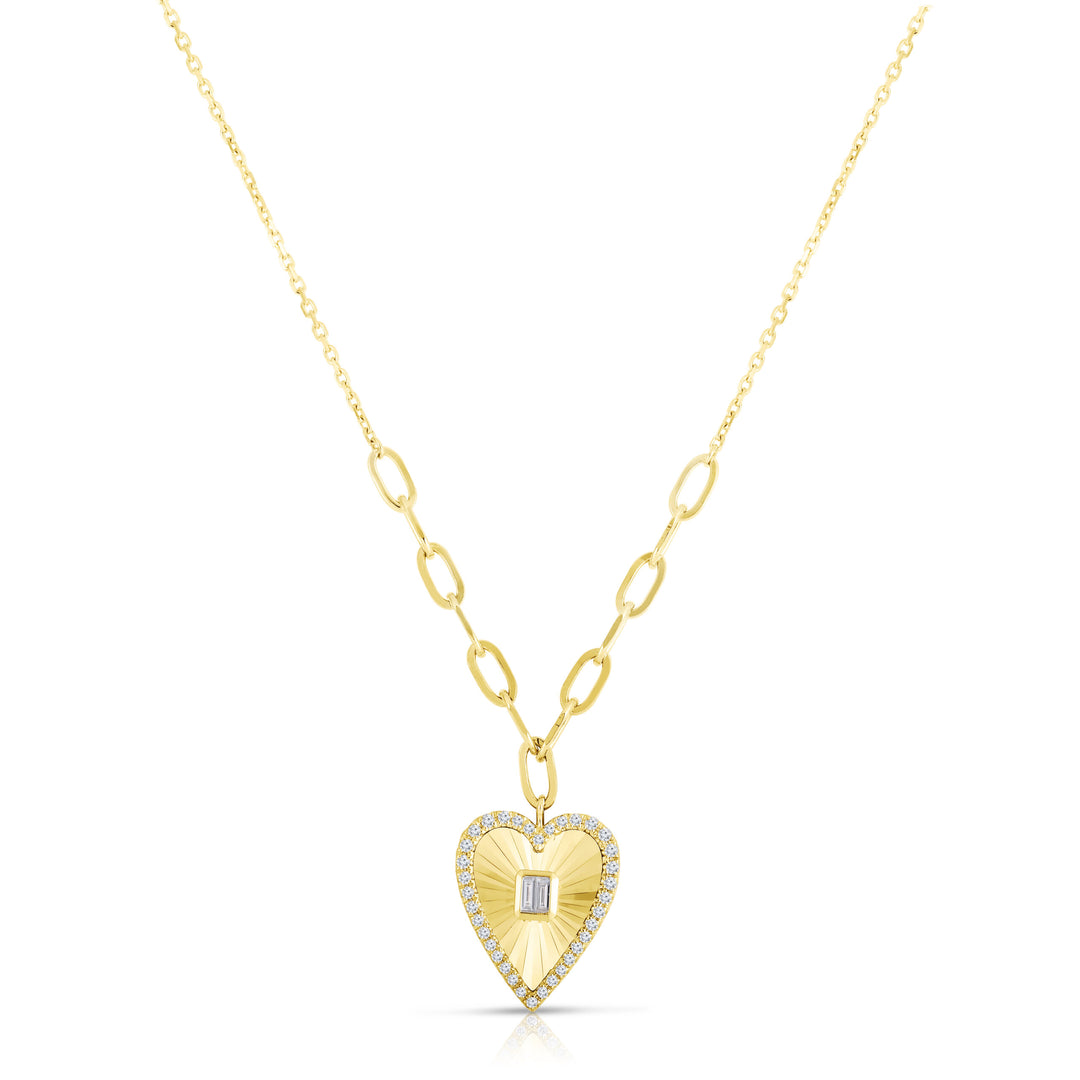 Fluted Gold & Diamond Heart Necklace in 14K Gold