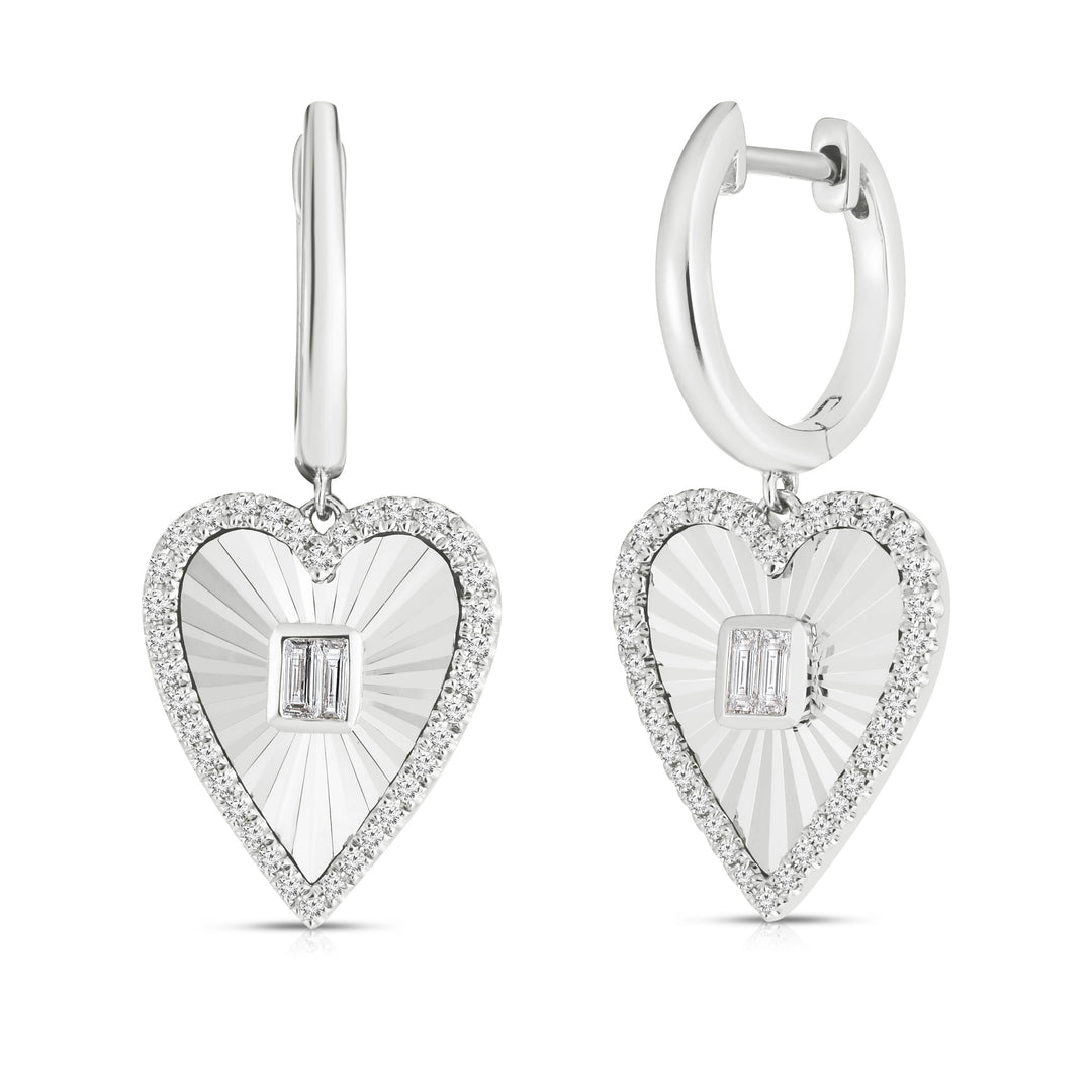 Fluted Baguette and Diamond Heart Earrings in 14K Gold