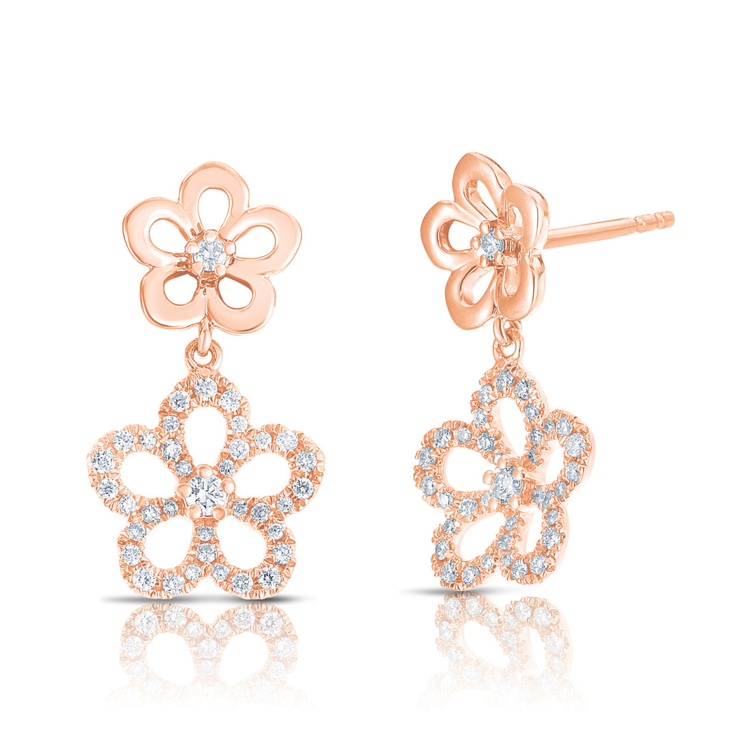 Gold & Diamond Double Flower Dangle Earrings in 14K Gold