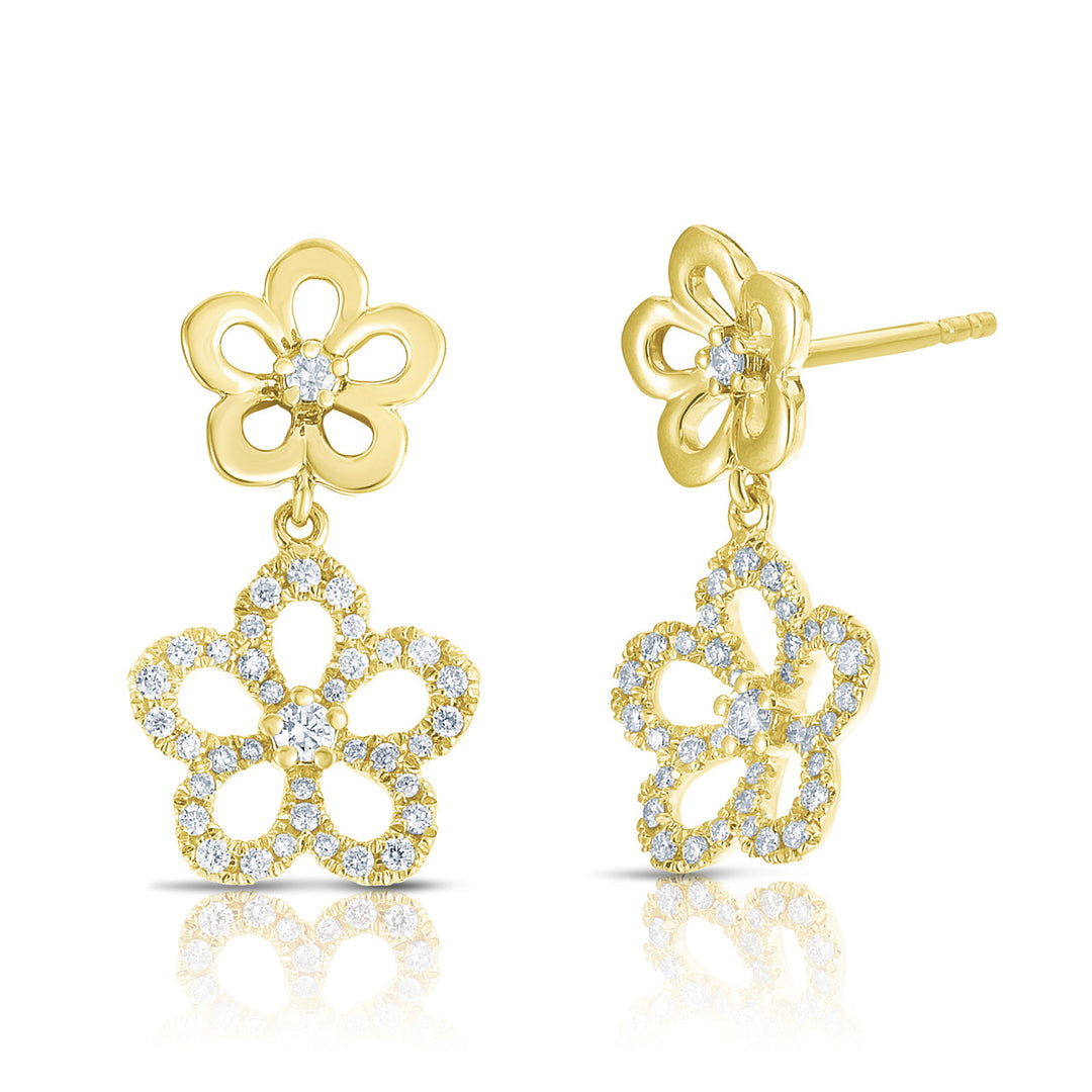 Gold & Diamond Double Flower Dangle Earrings in 14K Gold