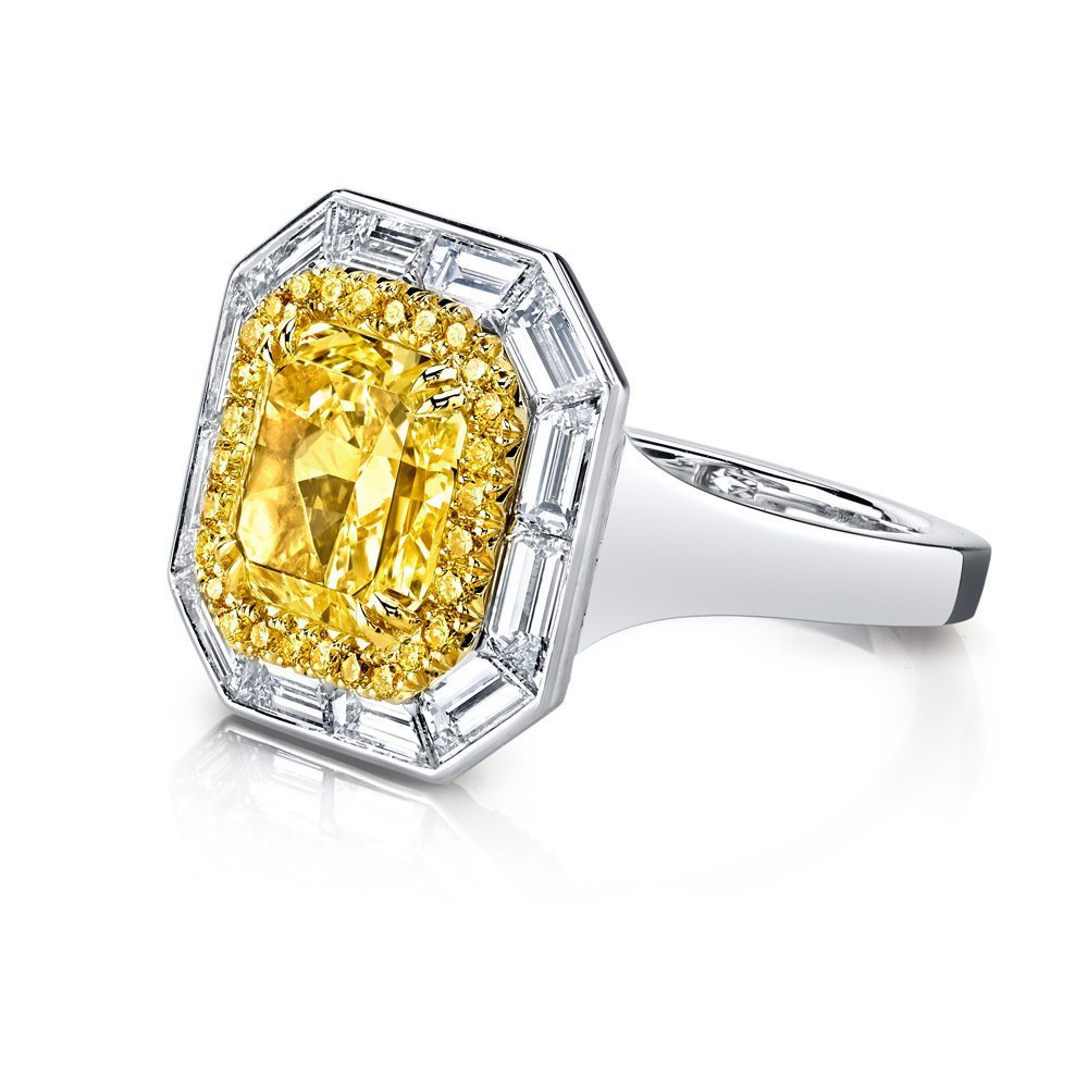 3.02ct Radiant Natural Fancy Yellow Diamond & Baguette Halo Ring