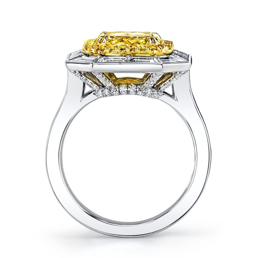 3.02ct Radiant Natural Fancy Yellow Diamond & Baguette Halo Ring