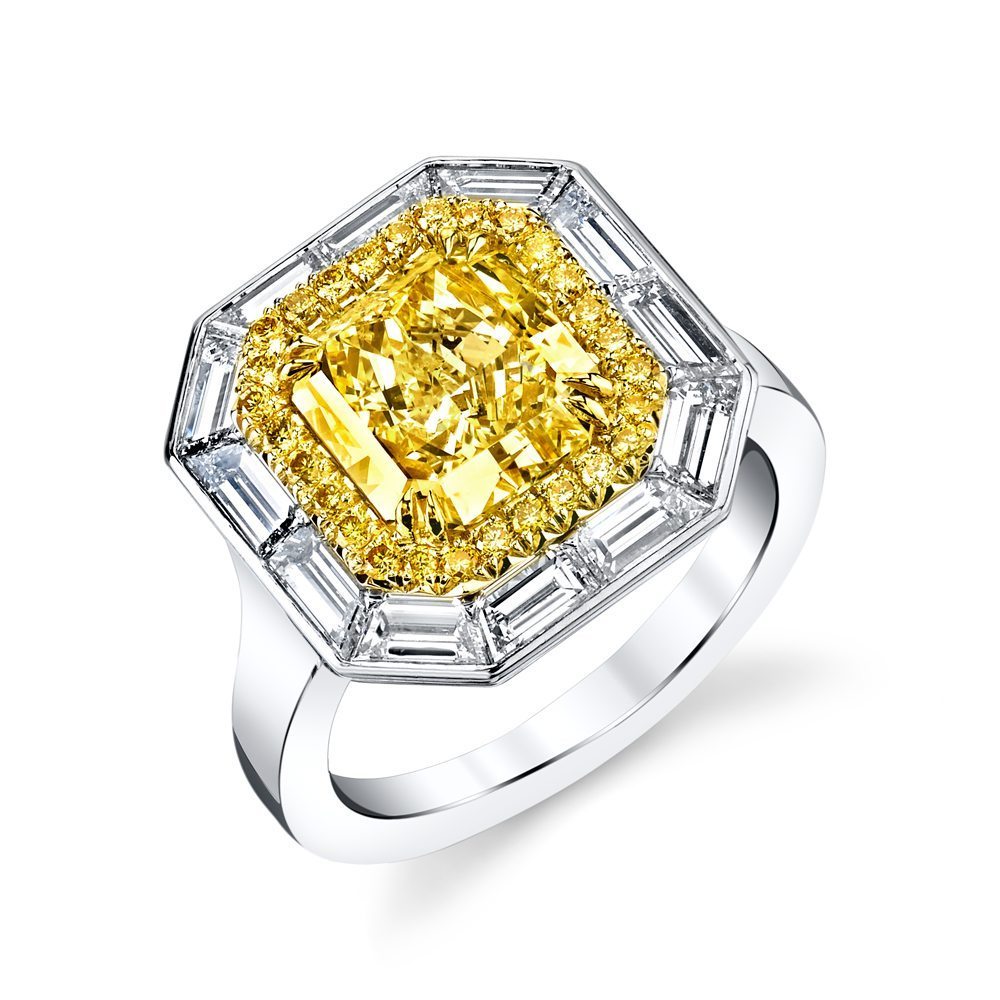 3.02ct Radiant Natural Fancy Yellow Diamond & Baguette Halo Ring