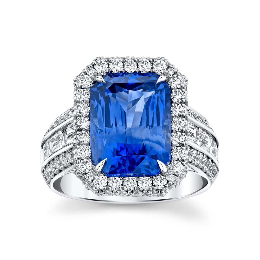 7.68ct Radiant "Cornflower" Blue Sapphire & Diamond Ring