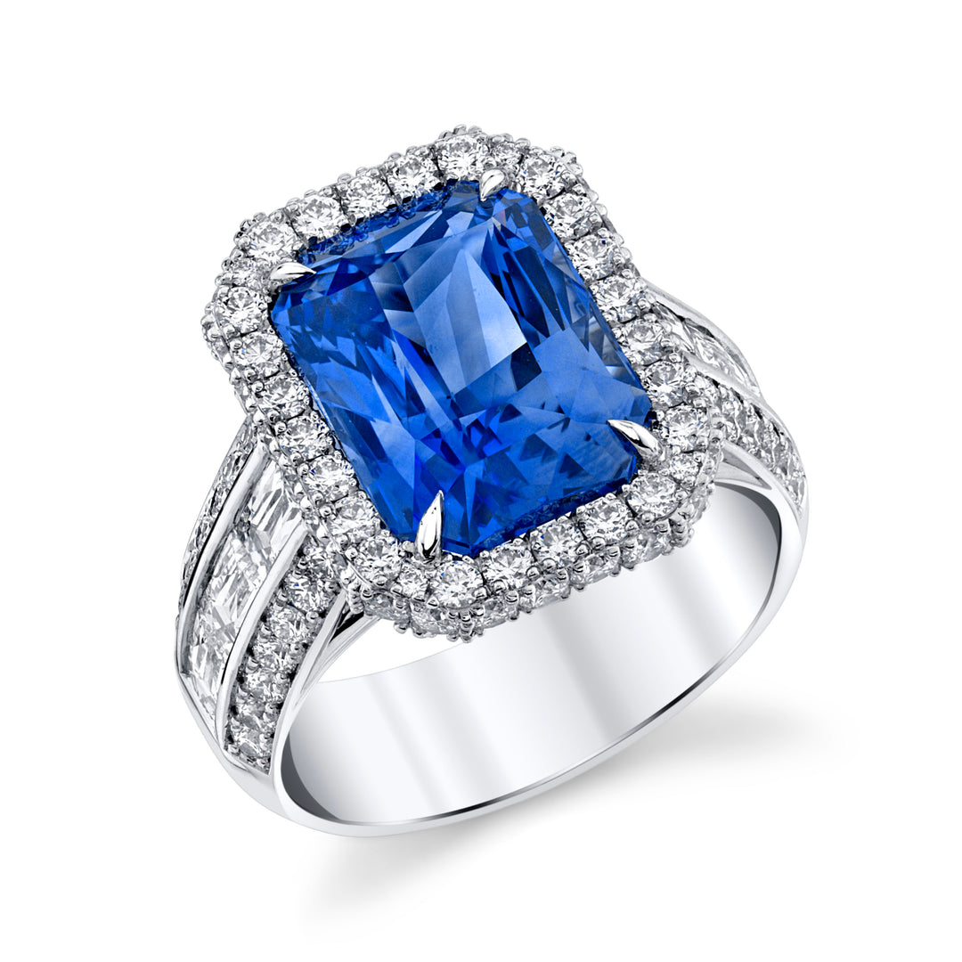 7.68ct Radiant "Cornflower" Blue Sapphire & Diamond Ring