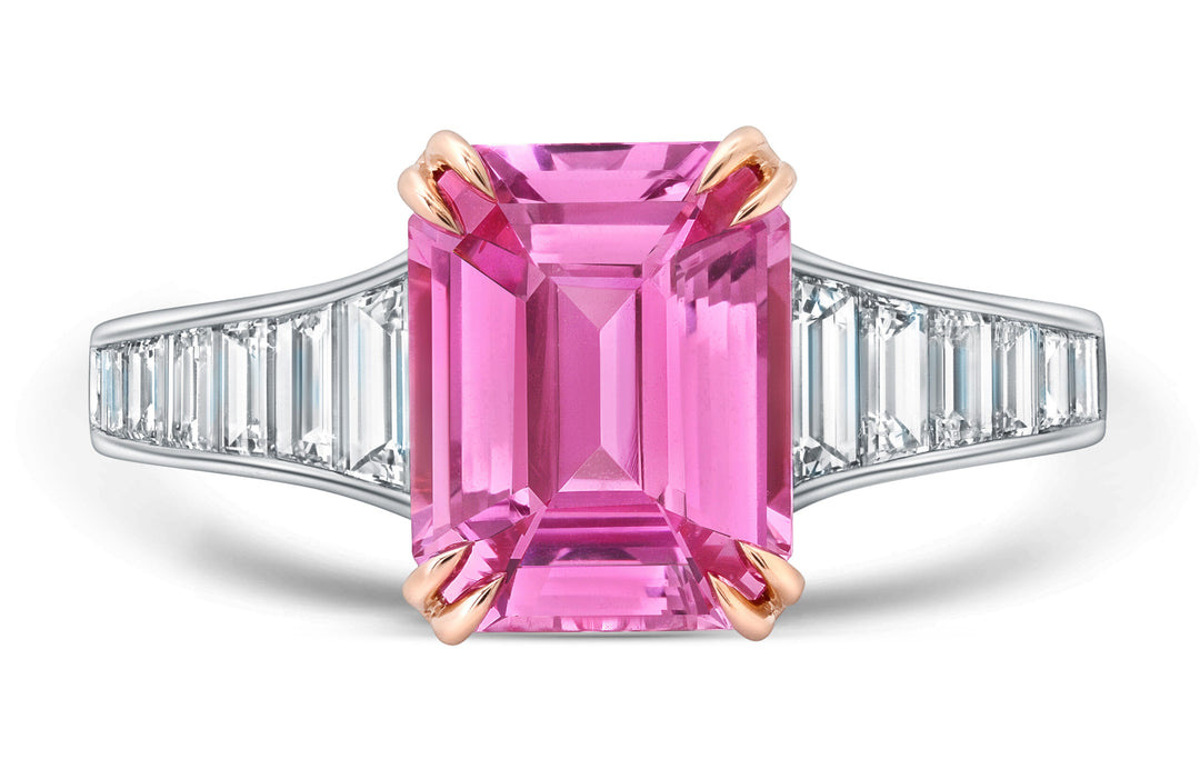 3.09ct Emerald Cut Pink Sapphire & Diamond Ring in Platinum & 18K Rose Gold