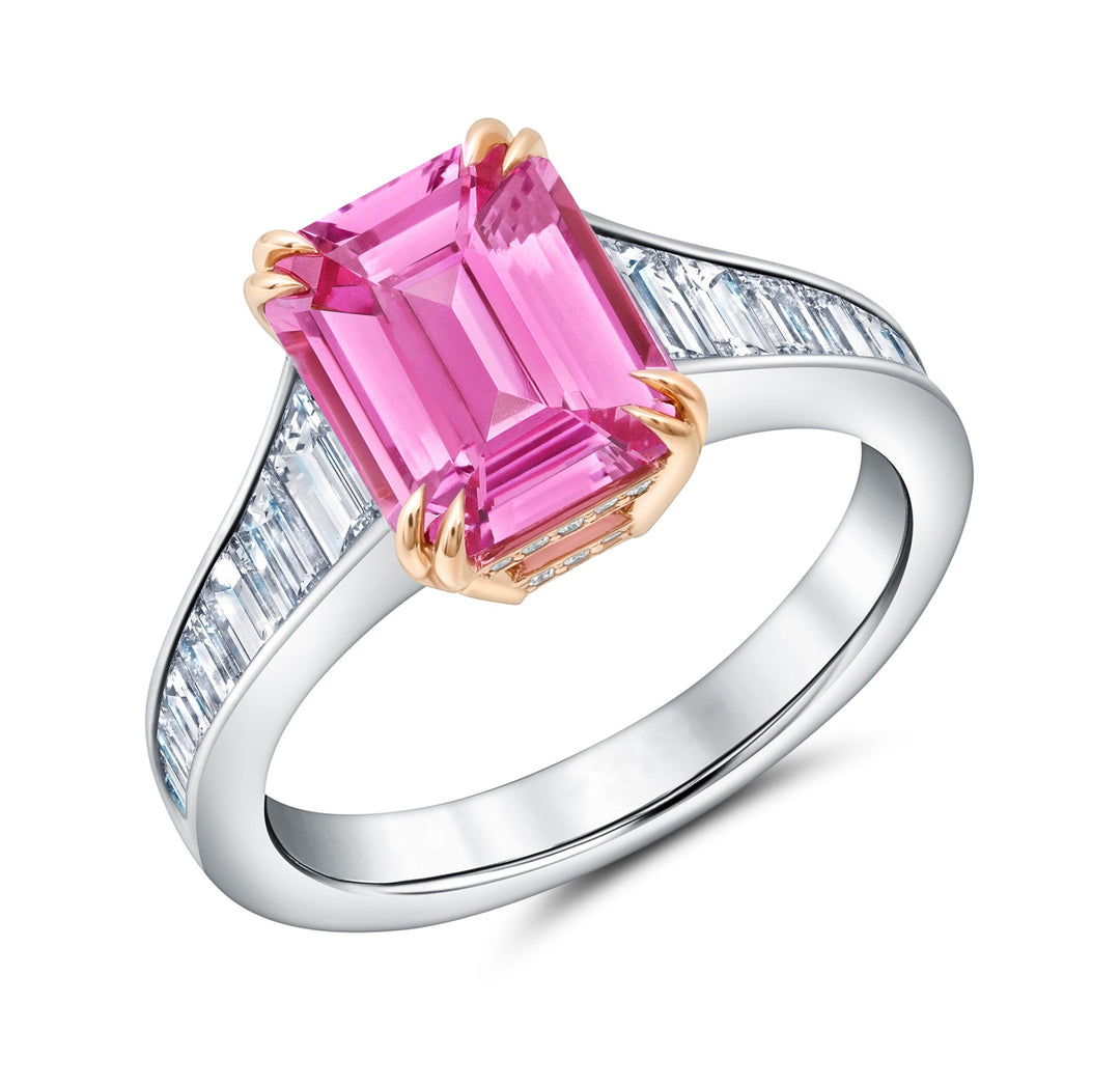 3.09ct Emerald Cut Pink Sapphire & Diamond Ring in Platinum & 18K Rose Gold