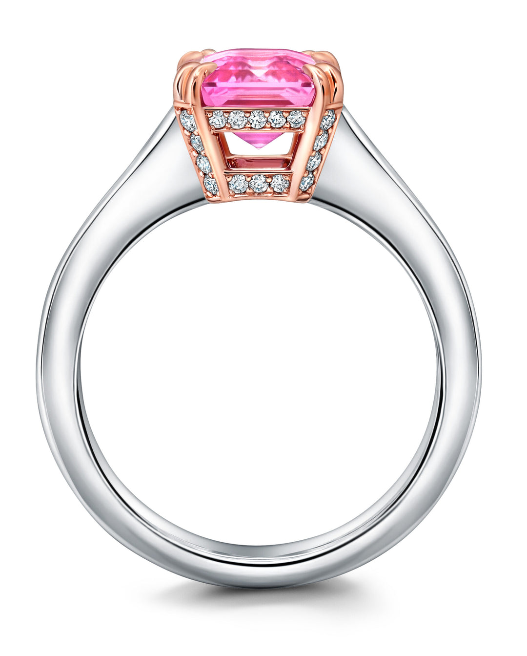 3.09ct Emerald Cut Pink Sapphire & Diamond Ring in Platinum & 18K Rose Gold