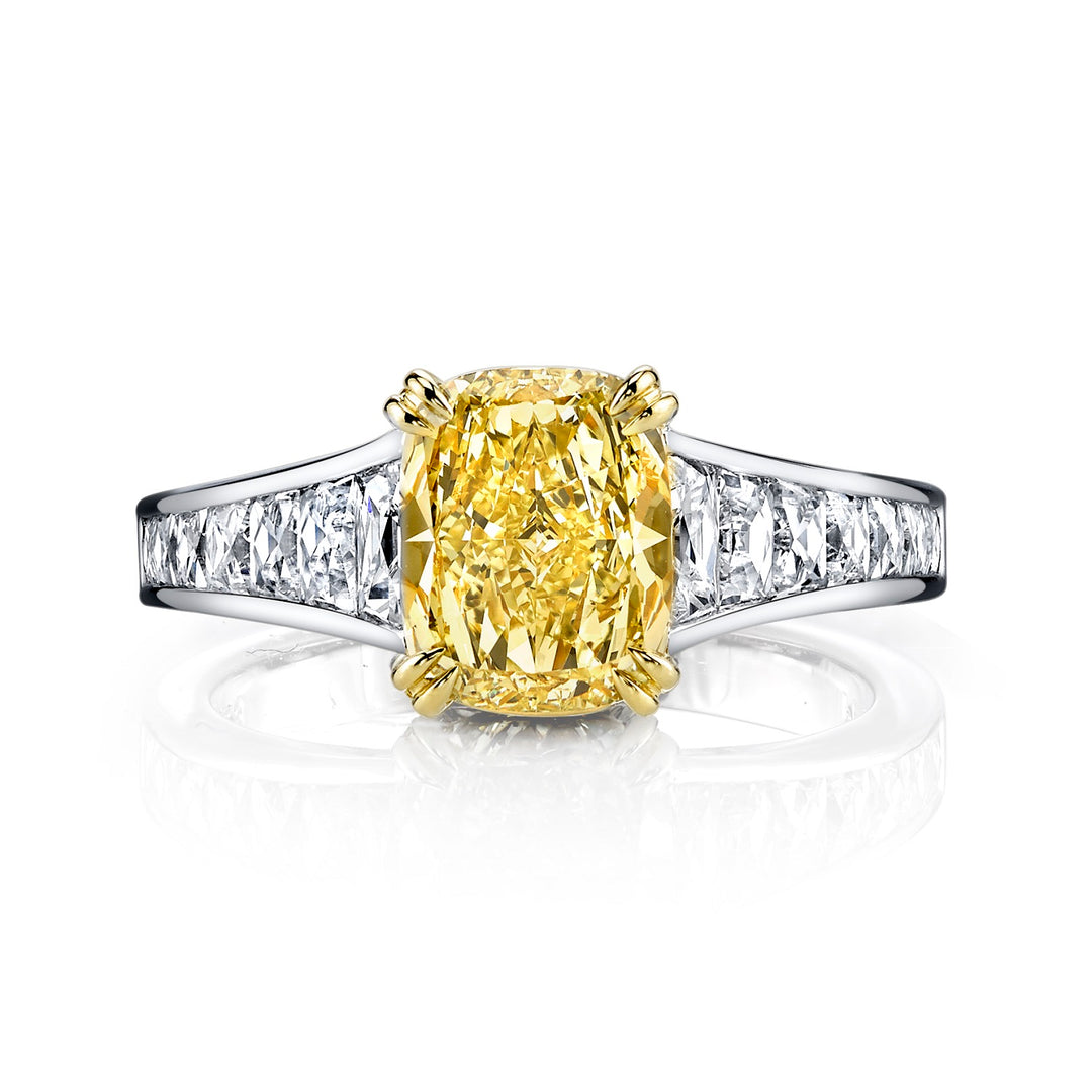 2.05ct Cushion Cut Natural Fancy Yellow Diamond & French Cut Diamond Ring