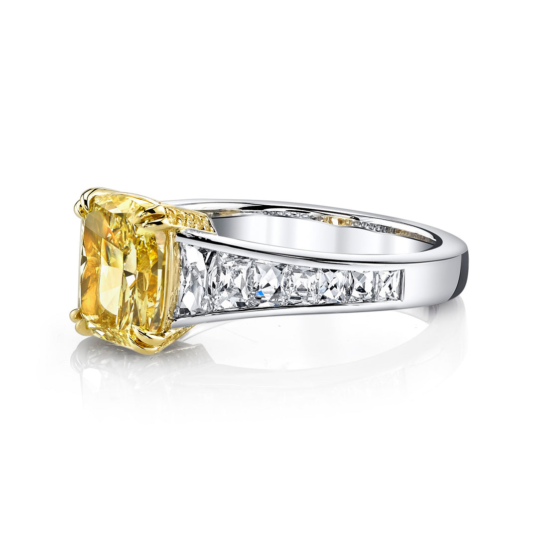 2.05ct Cushion Cut Natural Fancy Yellow Diamond & French Cut Diamond Ring