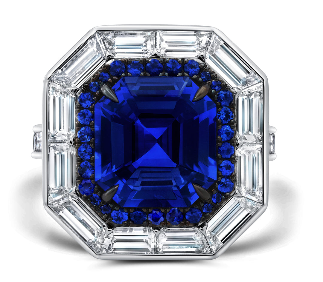 6.14ct Square Emerald Cut Sapphire & Diamond Baguette Ring in Platinum