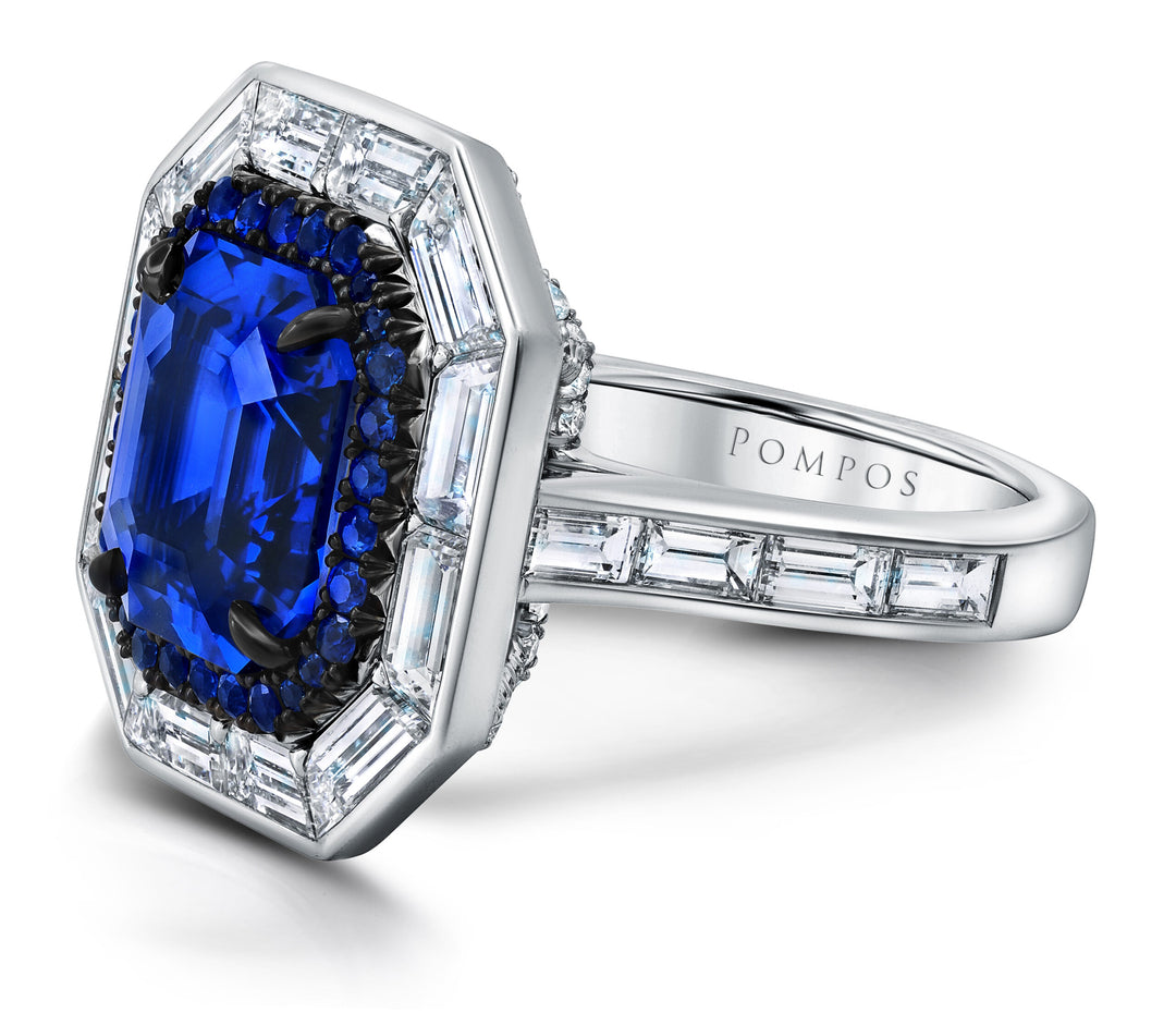 6.14ct Square Emerald Cut Sapphire & Diamond Baguette Ring in Platinum