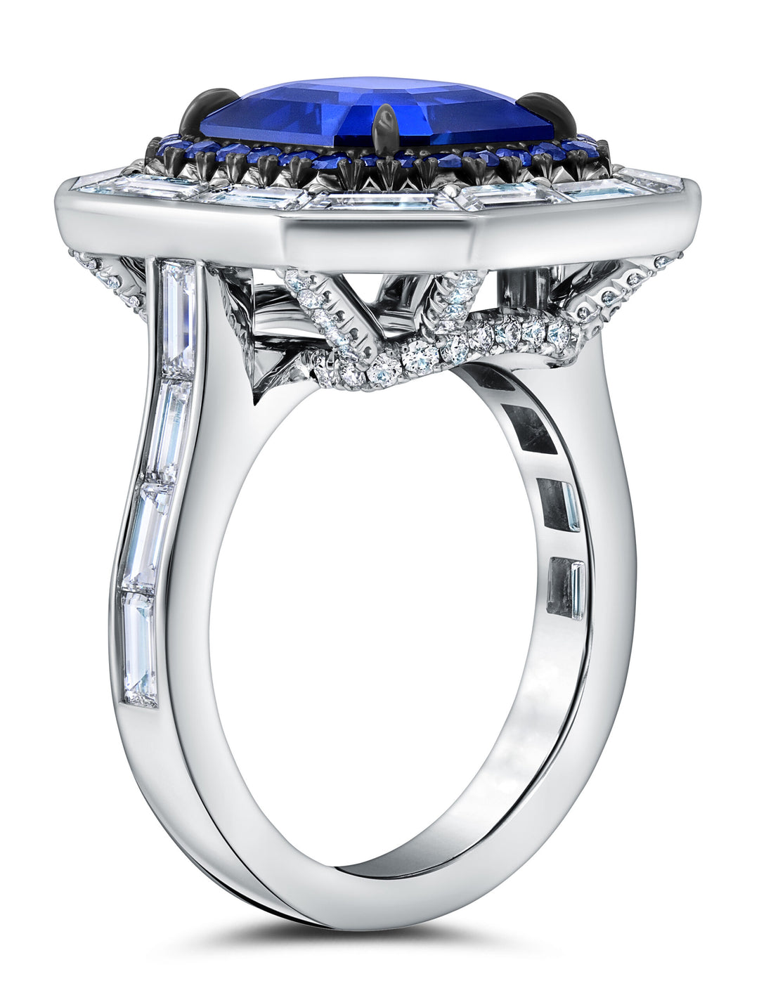 6.14ct Square Emerald Cut Sapphire & Diamond Baguette Ring in Platinum