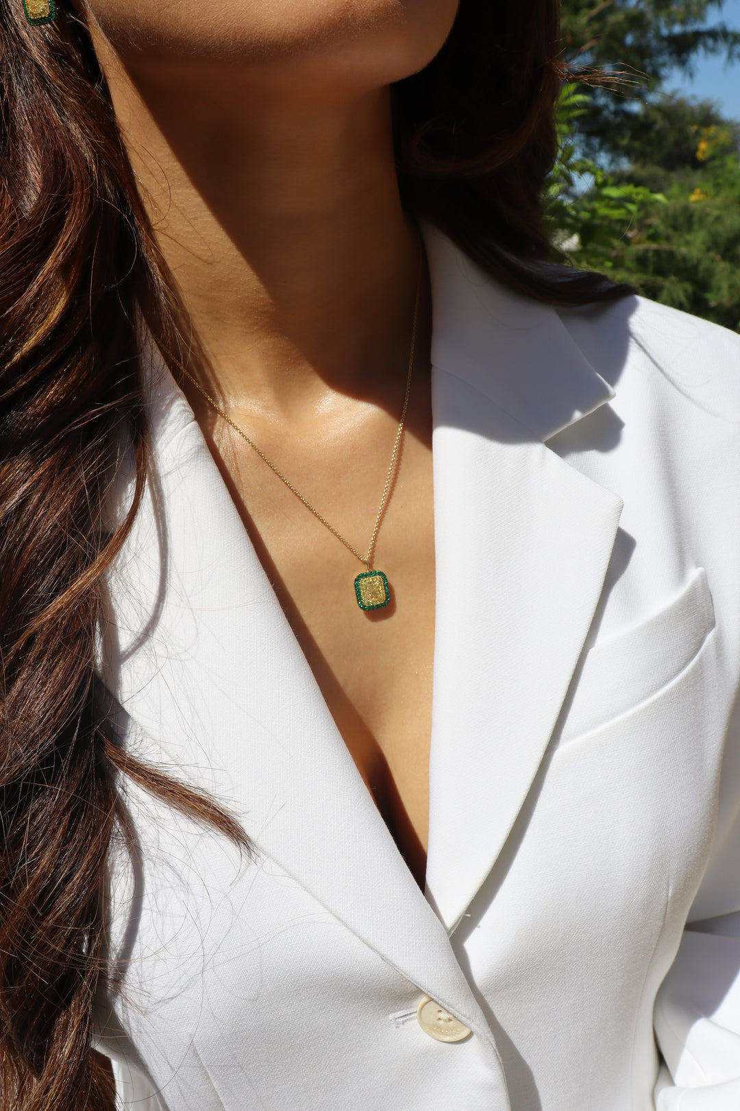 1.50ct Radiant Fancy Light Yellow Diamond & Emerald Necklace