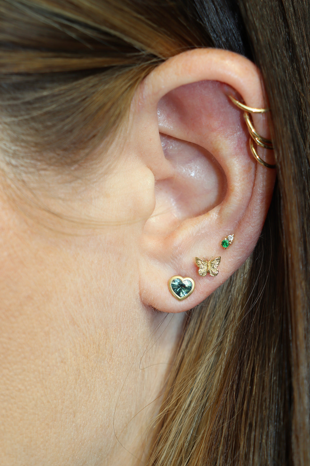0.88ctw Heart Shape Green Garnet Mini Bezel Studs set in 18K Yellow Gold