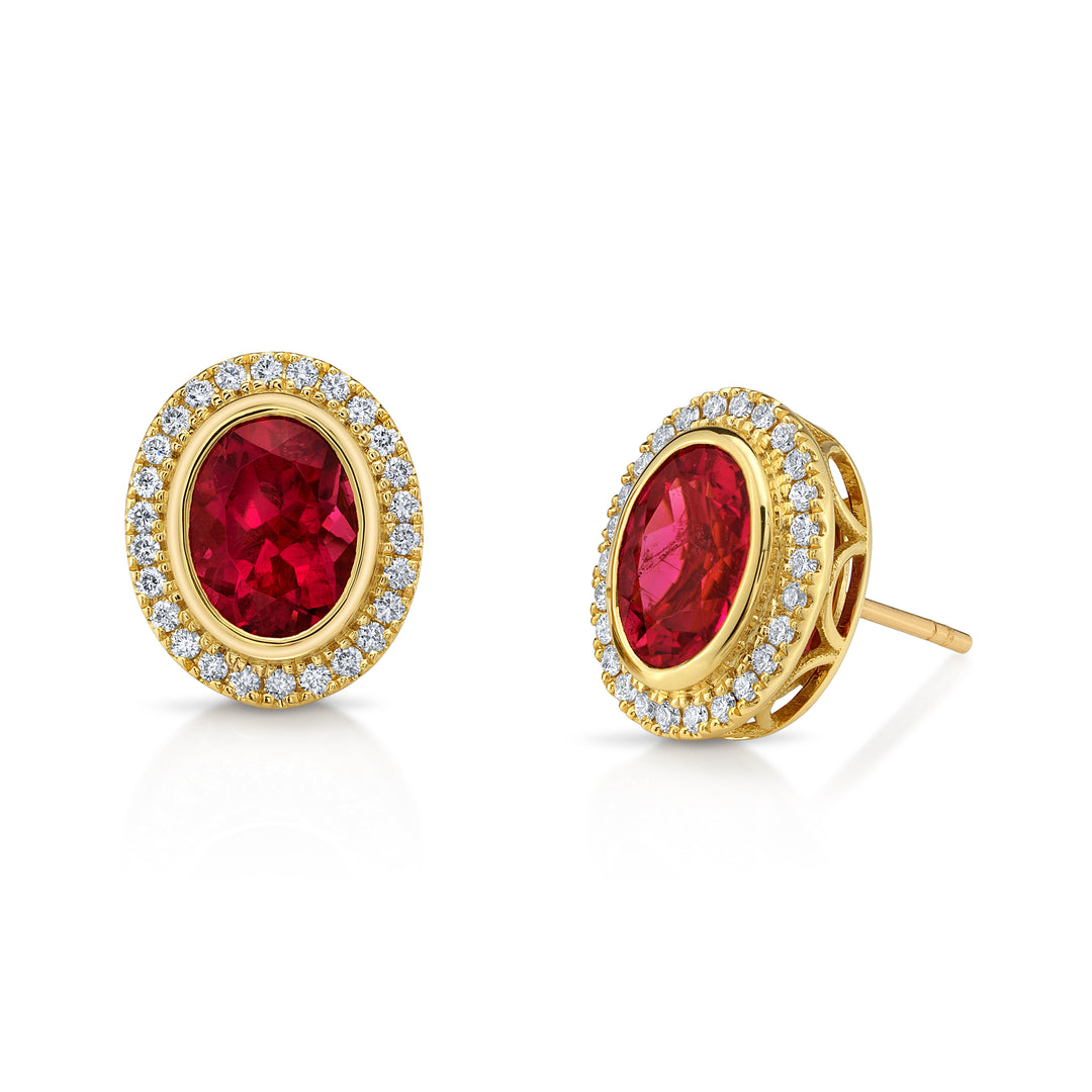 2.76ct Oval Rubellite Tourmaline & Diamond Stud Earrings in 14k Yellow Gold