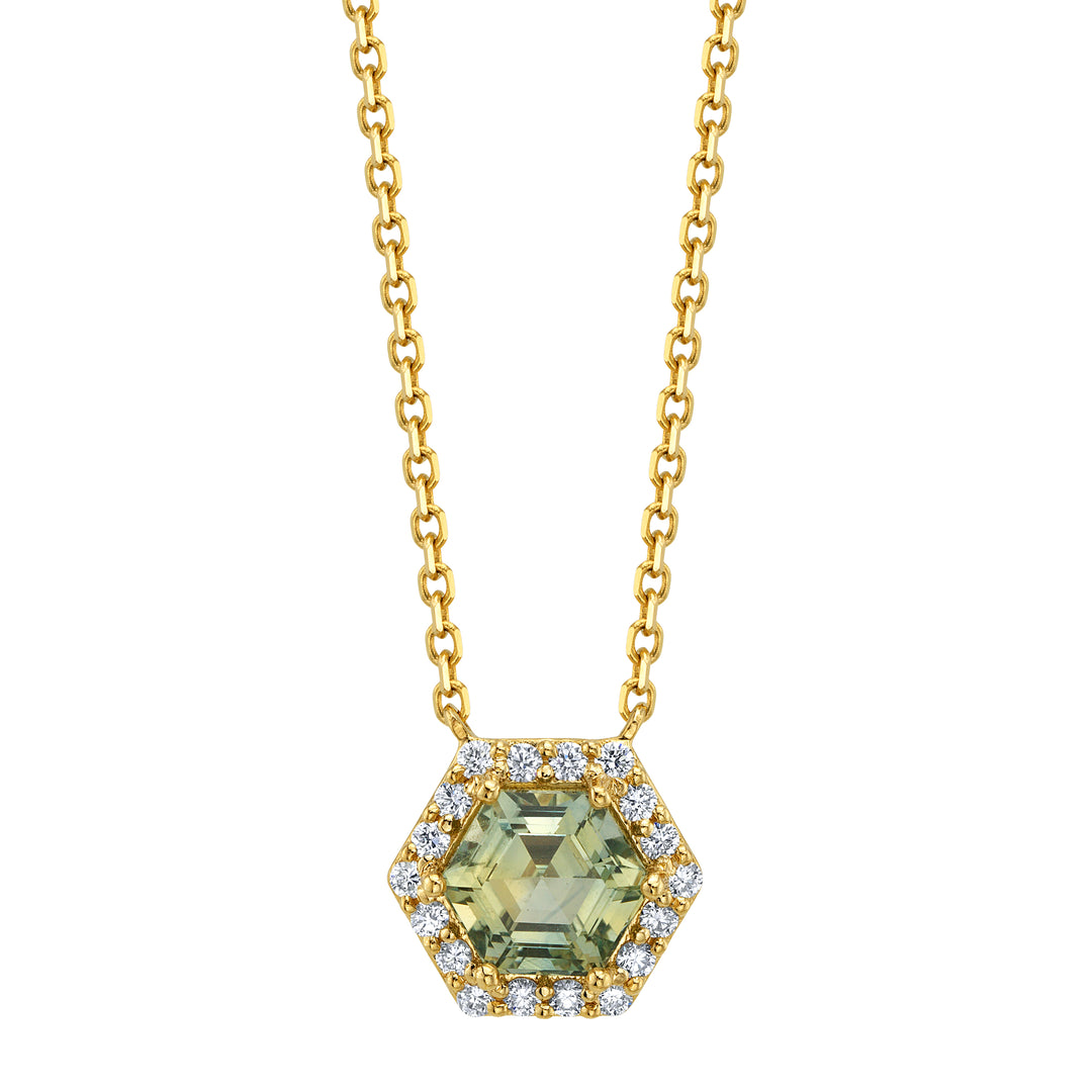 0.74ct Hexagon Green Montana Sapphire & Diamond Necklace in 14K Yellow Gold