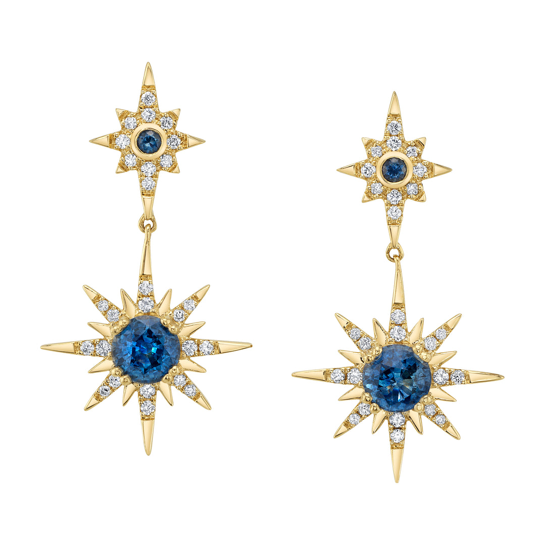 Montana Sapphire Double Starburst Studs Dangle Earrings in 14k Yellow Gold