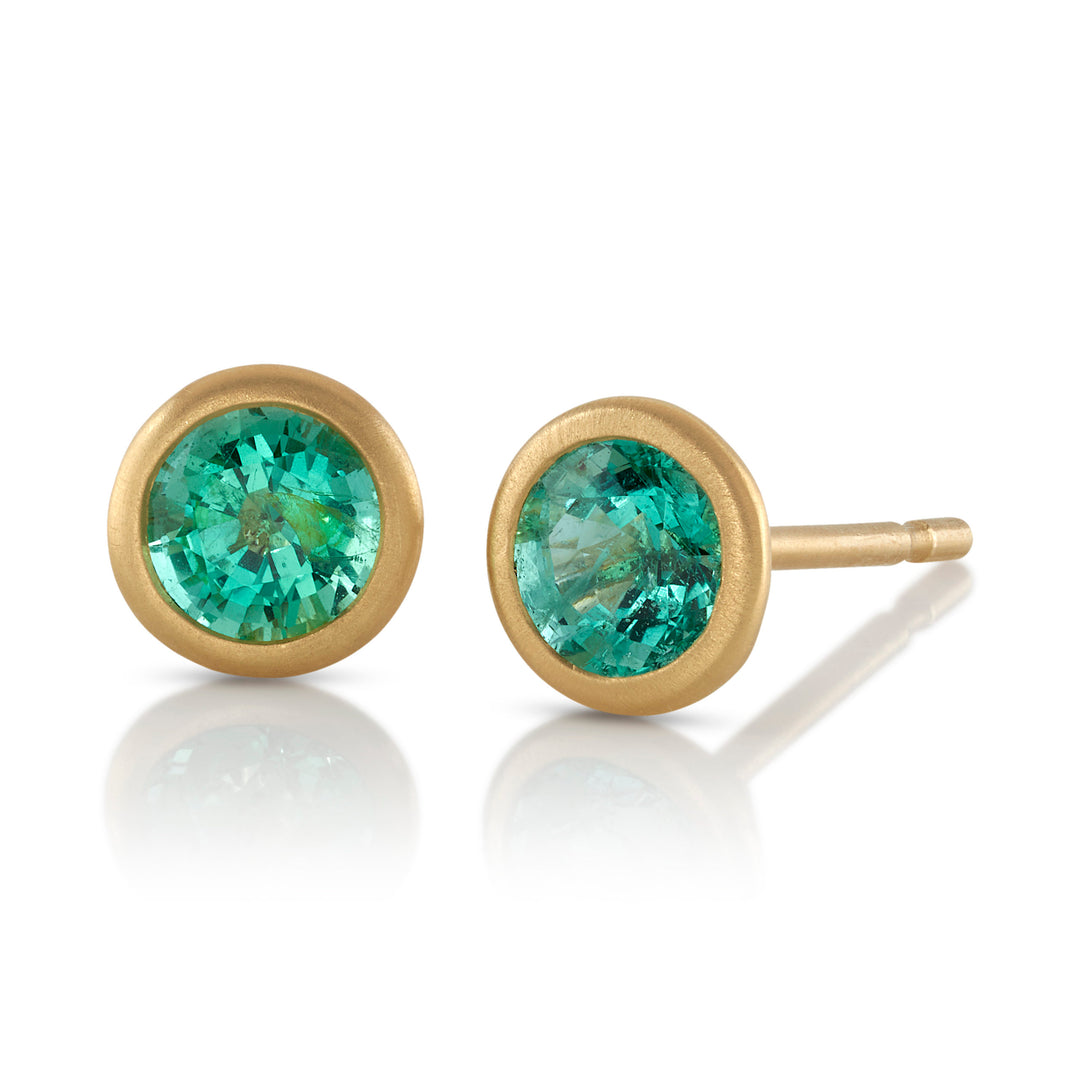 0.86ct Round Emerald Studs Bezel set in 18K Yellow Gold