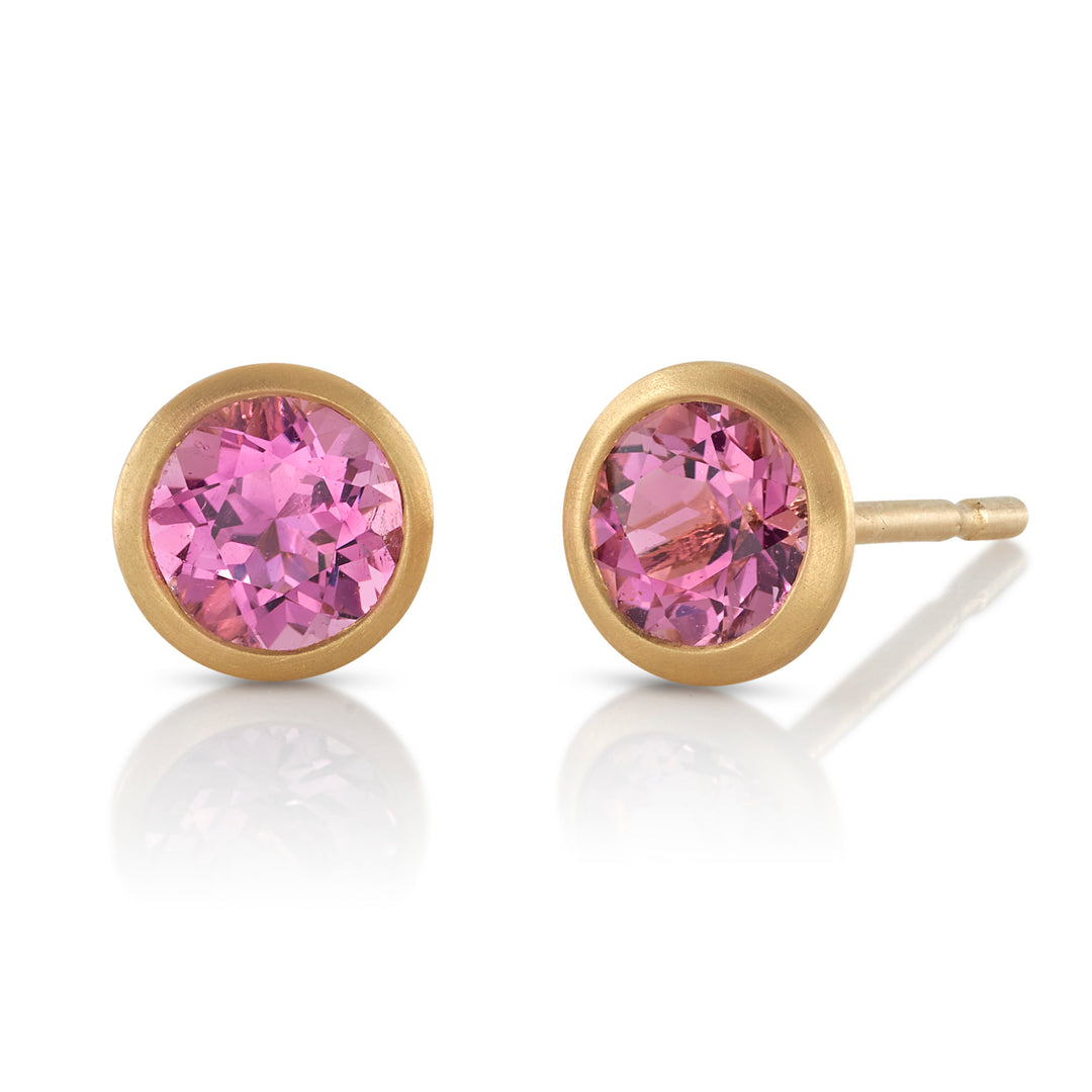 0.97ct Round Pink Tourmaline Studs Bezel set in 18K Yellow Gold