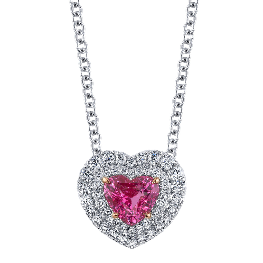 1.29ct Heart Shape Ceylon Pink Sapphire Double Halo Slider Pendant