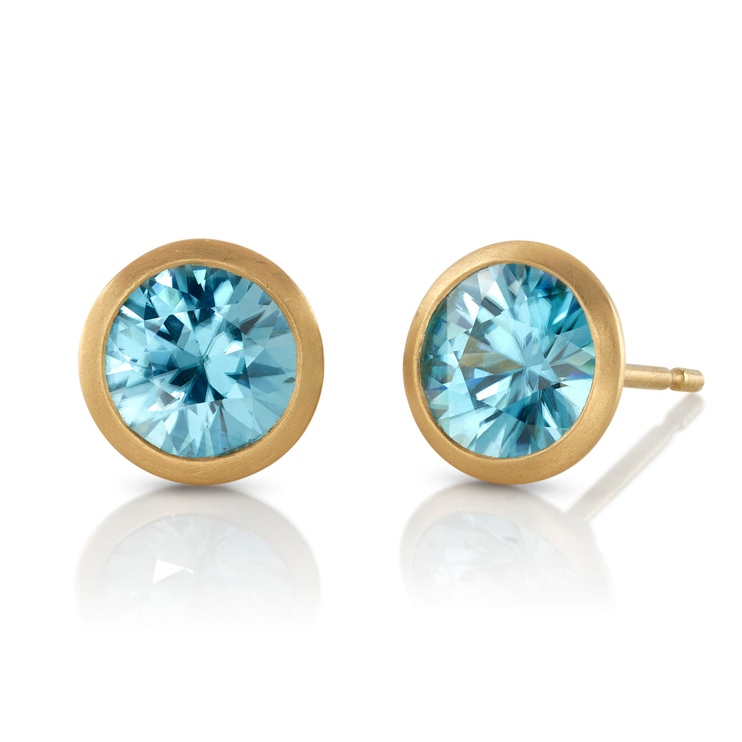 4.11ctw Round Blue Zircon Studs Bezel set in 18K Yellow Gold