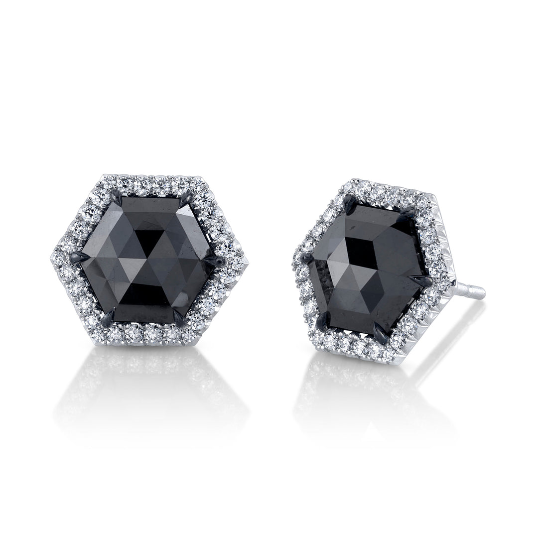 2.76ctw Rose Cut Black Diamond Hexagon Halo Studs in Platinum