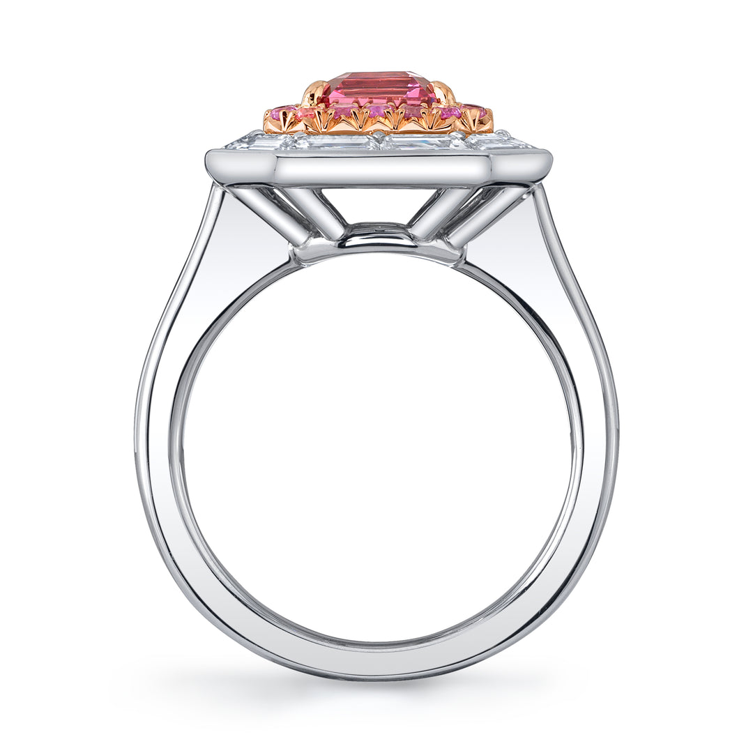 2.05ct Emerald Cut Pink Spinel, Pink Sapphire, & Diamond Ring in Platinum & 18K Rose Gold