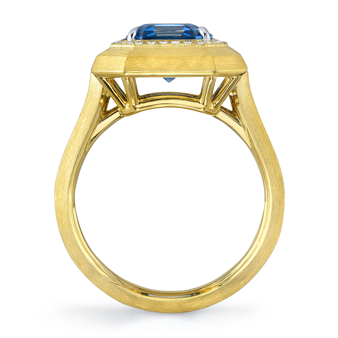 3.13ct Square Emerald Cut Sapphire & Diamond Brushed 18K Yellow Gold Ring