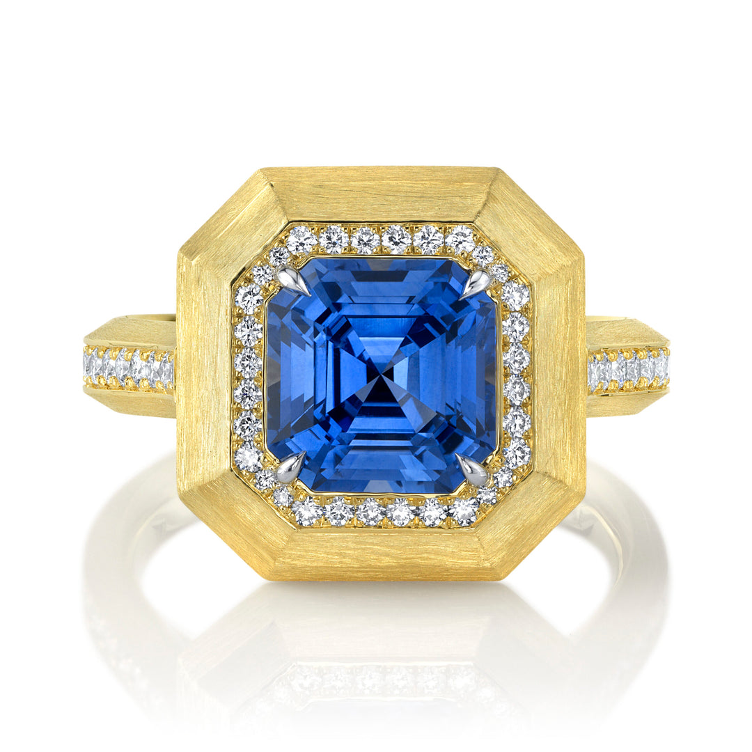 3.13ct Square Emerald Cut Sapphire & Diamond Brushed 18K Yellow Gold Ring