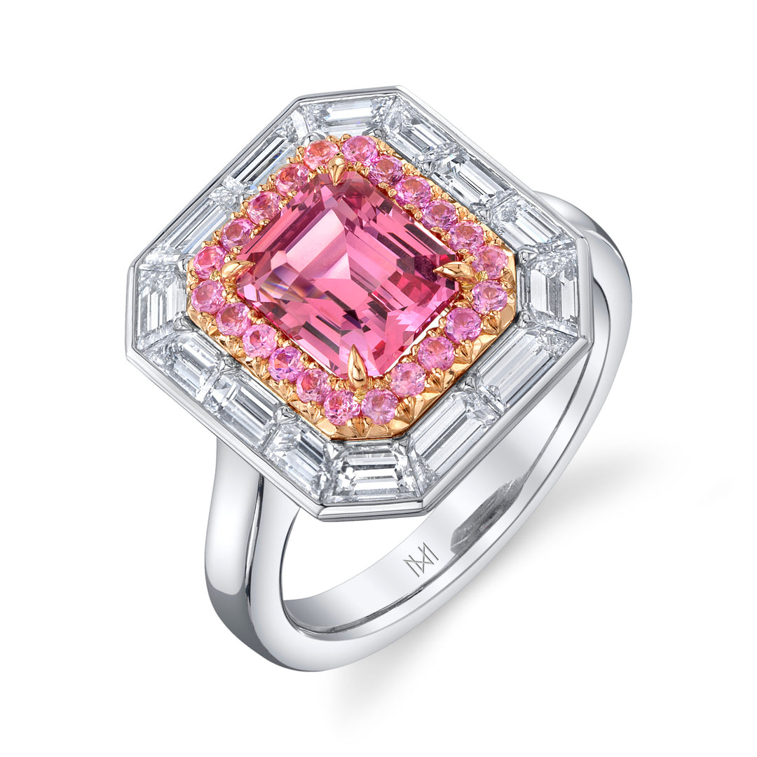 2.05ct Emerald Cut Pink Spinel, Pink Sapphire, & Diamond Ring in Platinum & 18K Rose Gold