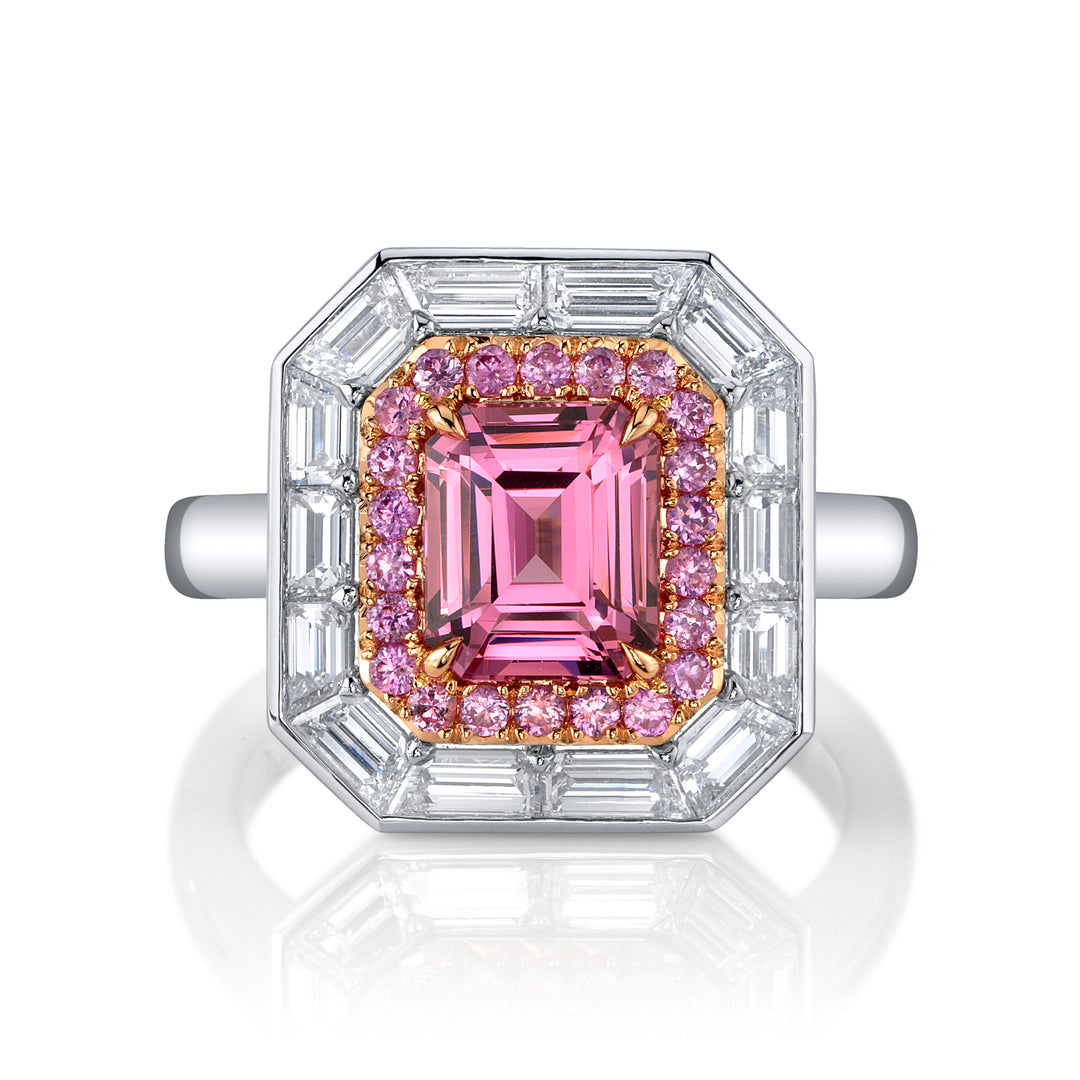 2.05ct Emerald Cut Pink Spinel, Pink Sapphire, & Diamond Ring in Platinum & 18K Rose Gold