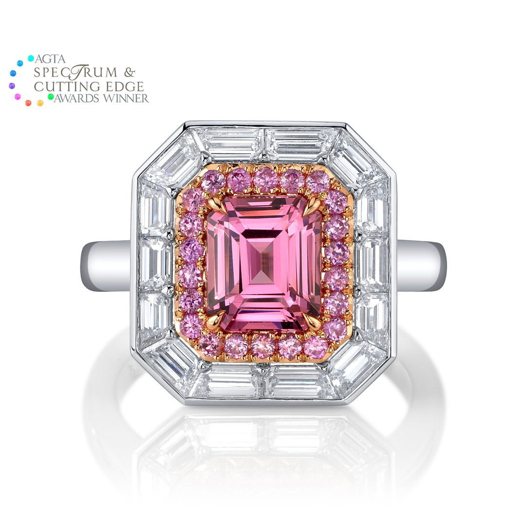 "Sparkling Rose" 2024 Spectrum Award Winning 2.05ct Emerald Cut Pink Spinel, Pink Sapphire, & Diamond Ring in Platinum & 18K Rose Gold