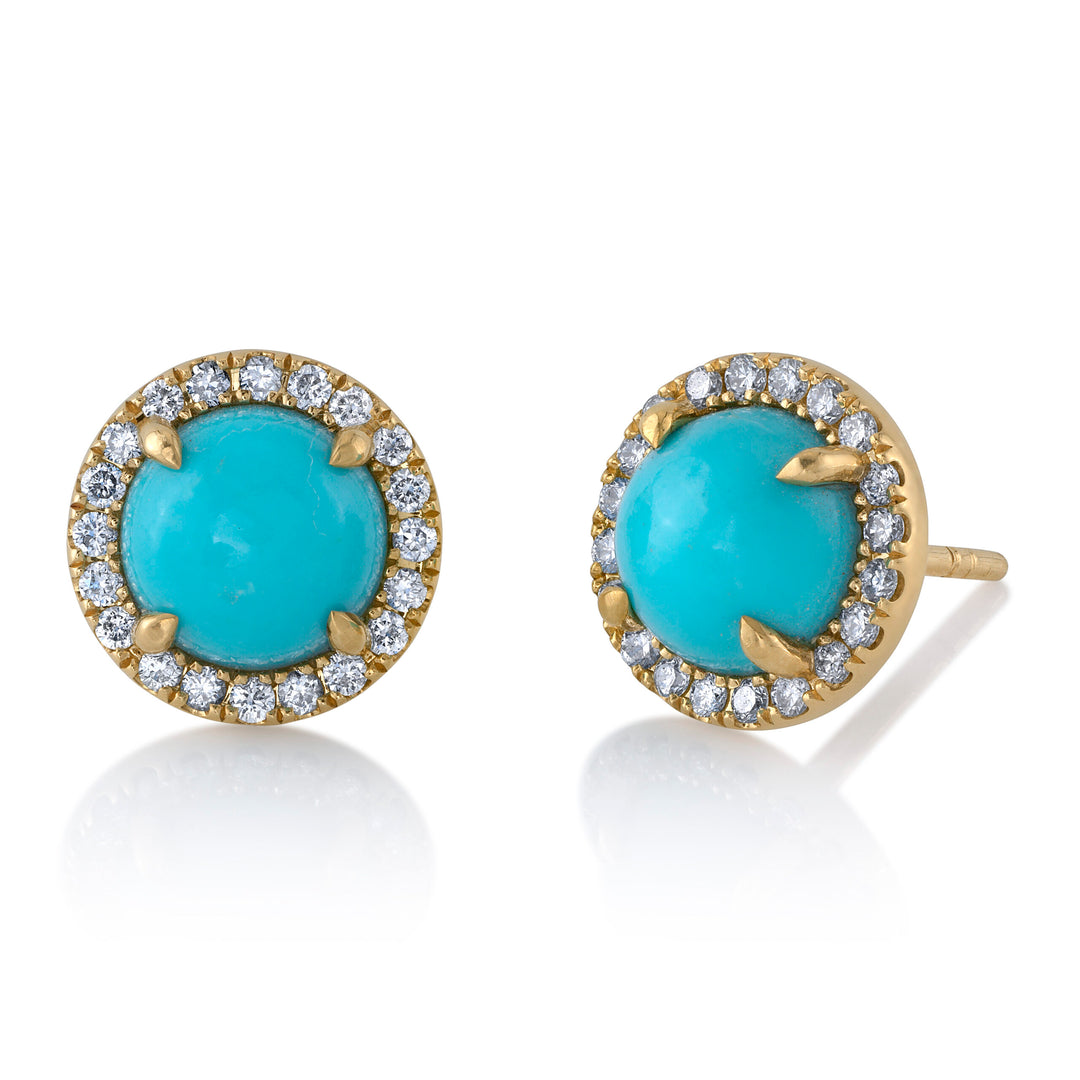 3.31ctw Round Turquoise & Diamond Stud Earrings in 18K Yellow Gold