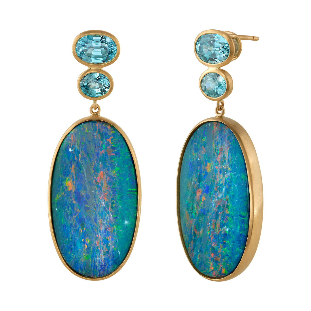 33.96ctw Australian Boulder Opal & Zircon Dangle Earrings