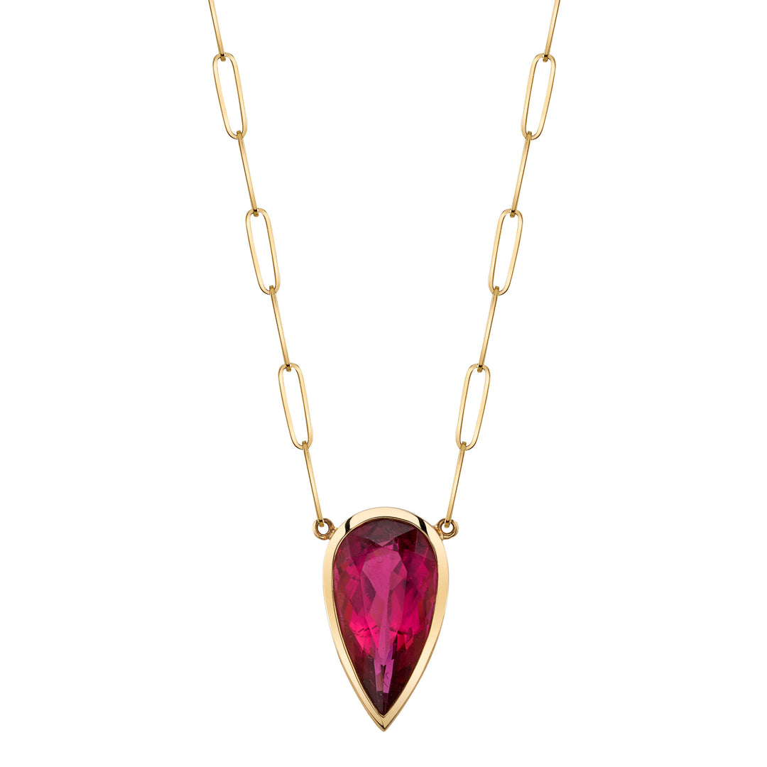 4.58ct Pear Shape Rubellite Tourmaline Bezel Pendant in 18K Yellow Gold