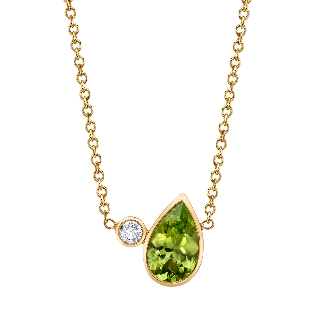 1.88ct Pear Shape Peridot & Diamond Two-Stone Necklace in 18K Yellow Gold