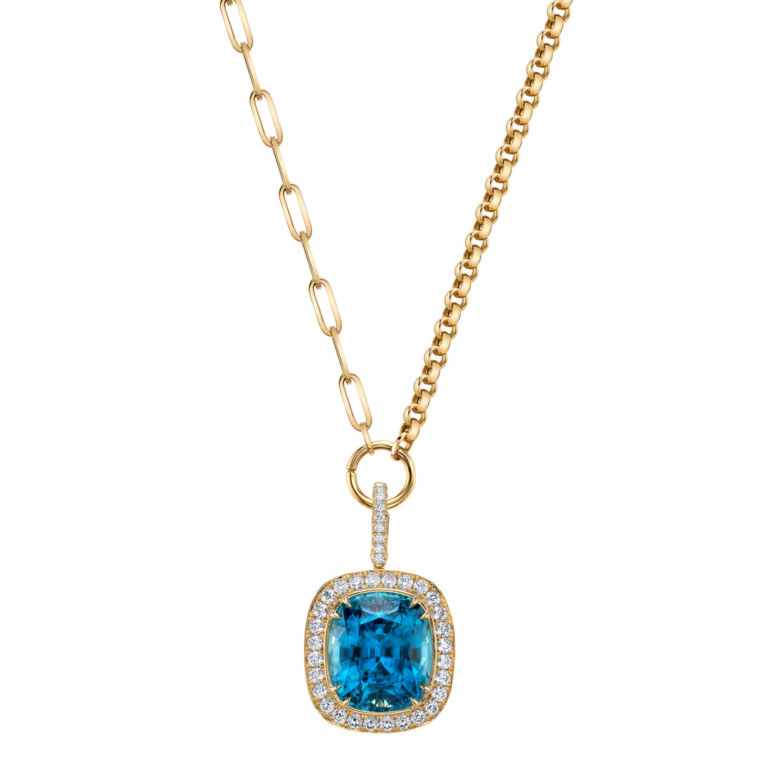 10.92ct Cushion Blue Zircon & Diamond Enhancer Pendant in 18K Yellow Gold