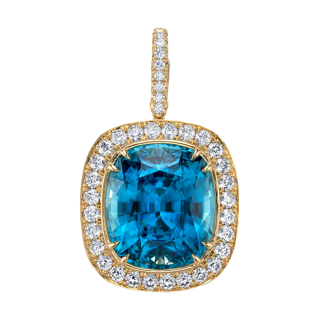 10.92ct Cushion Blue Zircon & Diamond Enhancer Pendant in 18K Yellow Gold