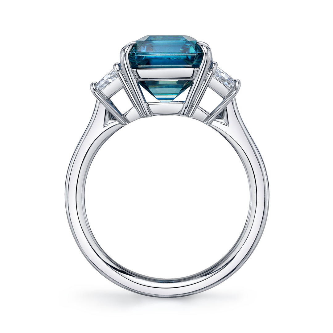 9.60ct Emerald Cut Blue Zircon & Diamond Three Stone Ring in Platinum