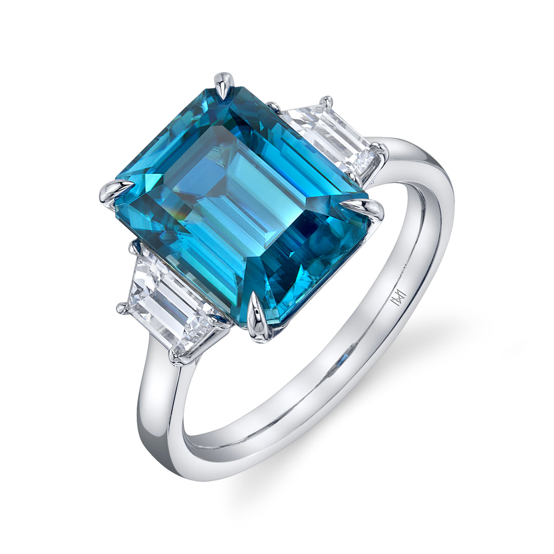 9.60ct Emerald Cut Blue Zircon & Diamond Three Stone Ring in Platinum