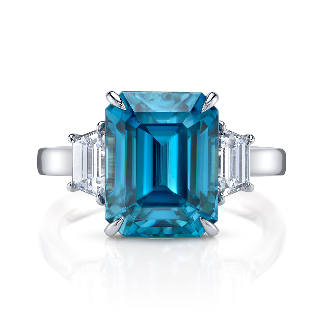 9.60ct Emerald Cut Blue Zircon & Diamond Three Stone Ring in Platinum