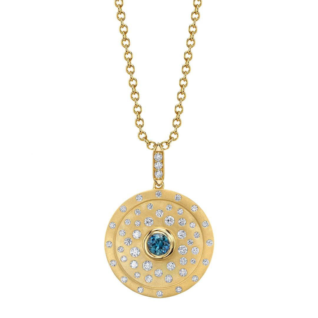 Montana Sapphire & Diamond Speckled Disc Pendant in 14K Yellow Gold