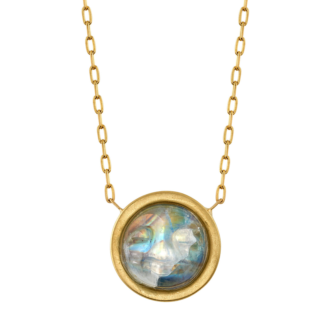 2.91ct "Man in the Moon" German Carved Rainbow Moonstone Necklace in 18K Yellow Gold