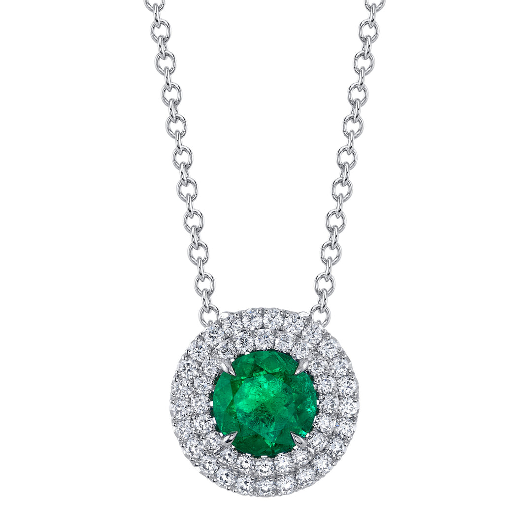 0.79ct Round Colombian Emerald & Double Halo Slider Necklace in Platinum