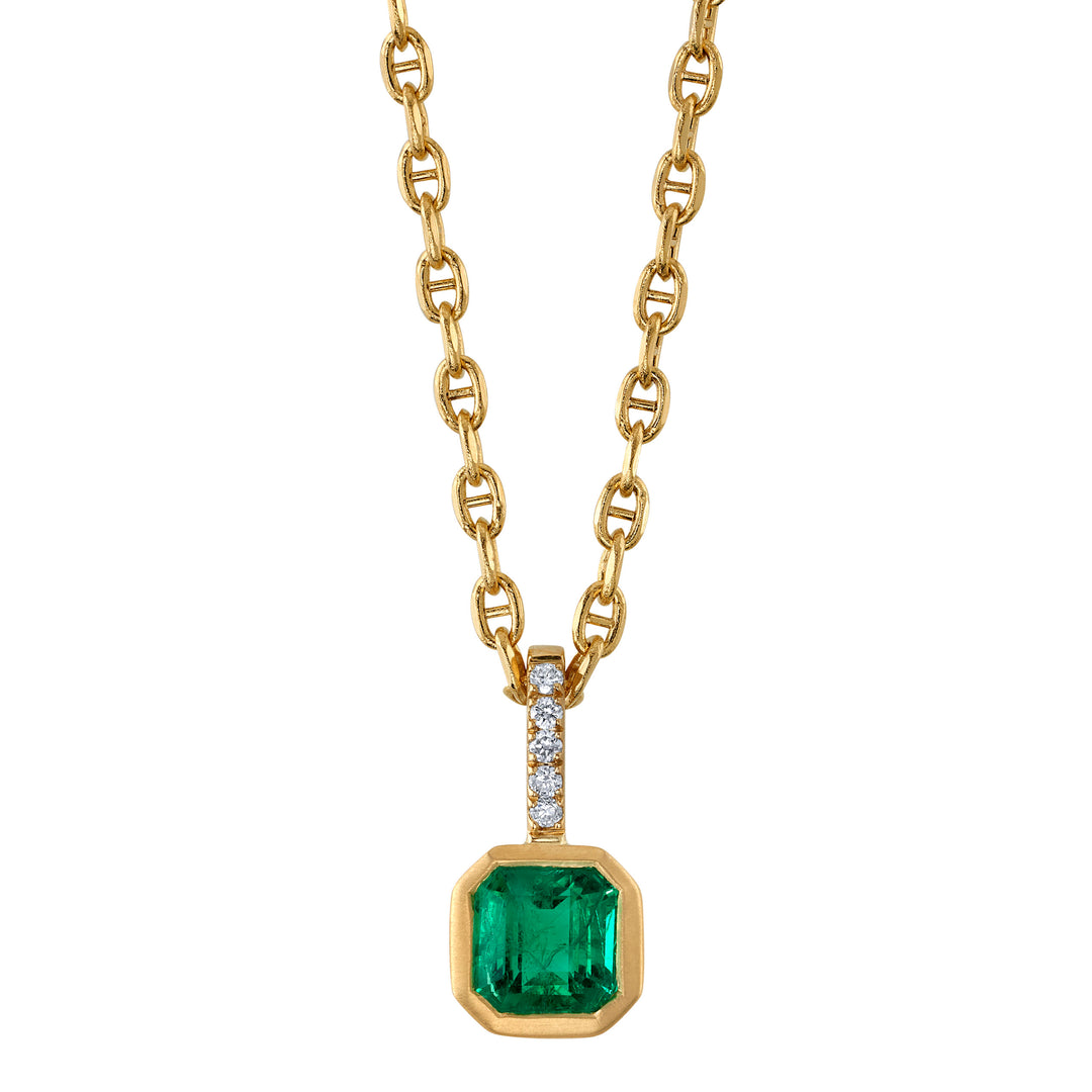 0.82ct Square Emerald Cut Emerald & Diamond Charm Pendant in 18K Yellow Gold